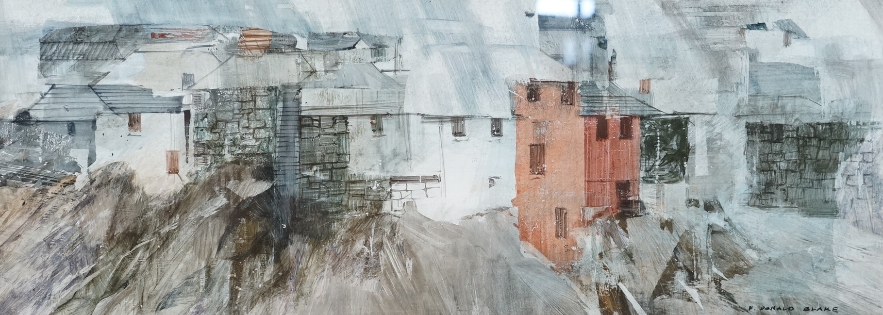 Frederick Donald Blake RI, RSMA (Scottish, 1908-1997), Study of buildings, signed, The Furneaux Gallery label verso, mixed media, 17 x 46cm